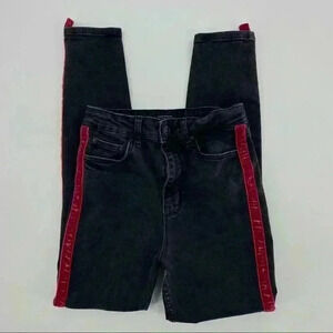 Zara Black Washed High Waisted Red Velvet Stripe Jeans Size 4